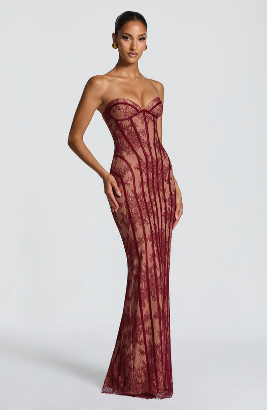 Exquisite Strapless Lace-Paneled Corset Column Gown