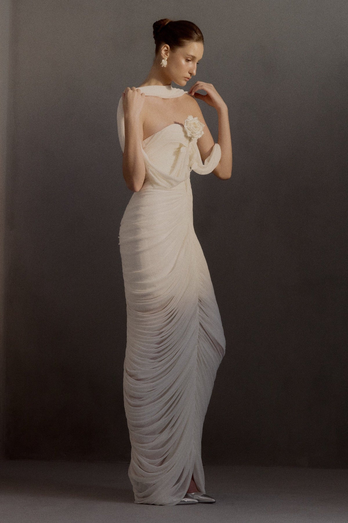Ivory Ruched Strapless Gown with 3D Floral Accent