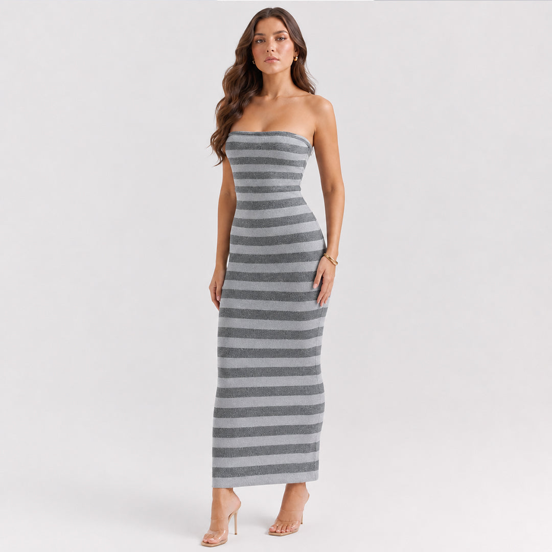 Striped Strapless Knit Maxi Dress - Grey