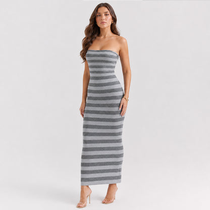 Striped Strapless Knit Maxi Dress - Grey