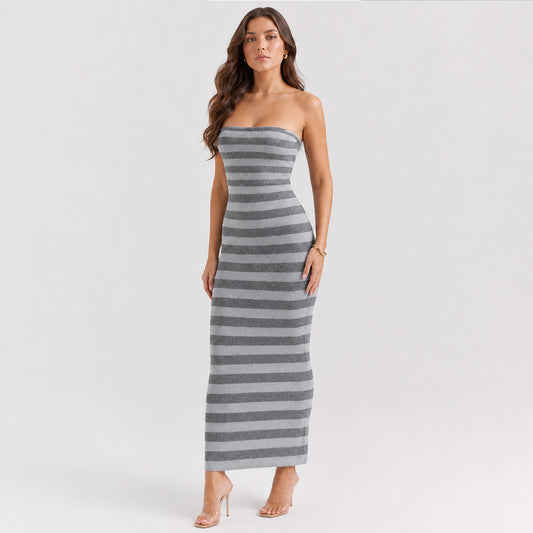 Striped Strapless Knit Maxi Dress - Grey