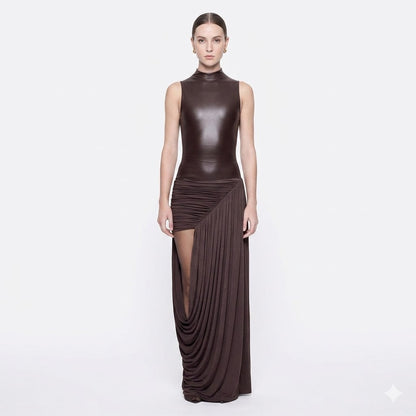 Avant-Garde Faux Leather Mock-Neck Bodysuit with Draped Asymmetrical Skirt