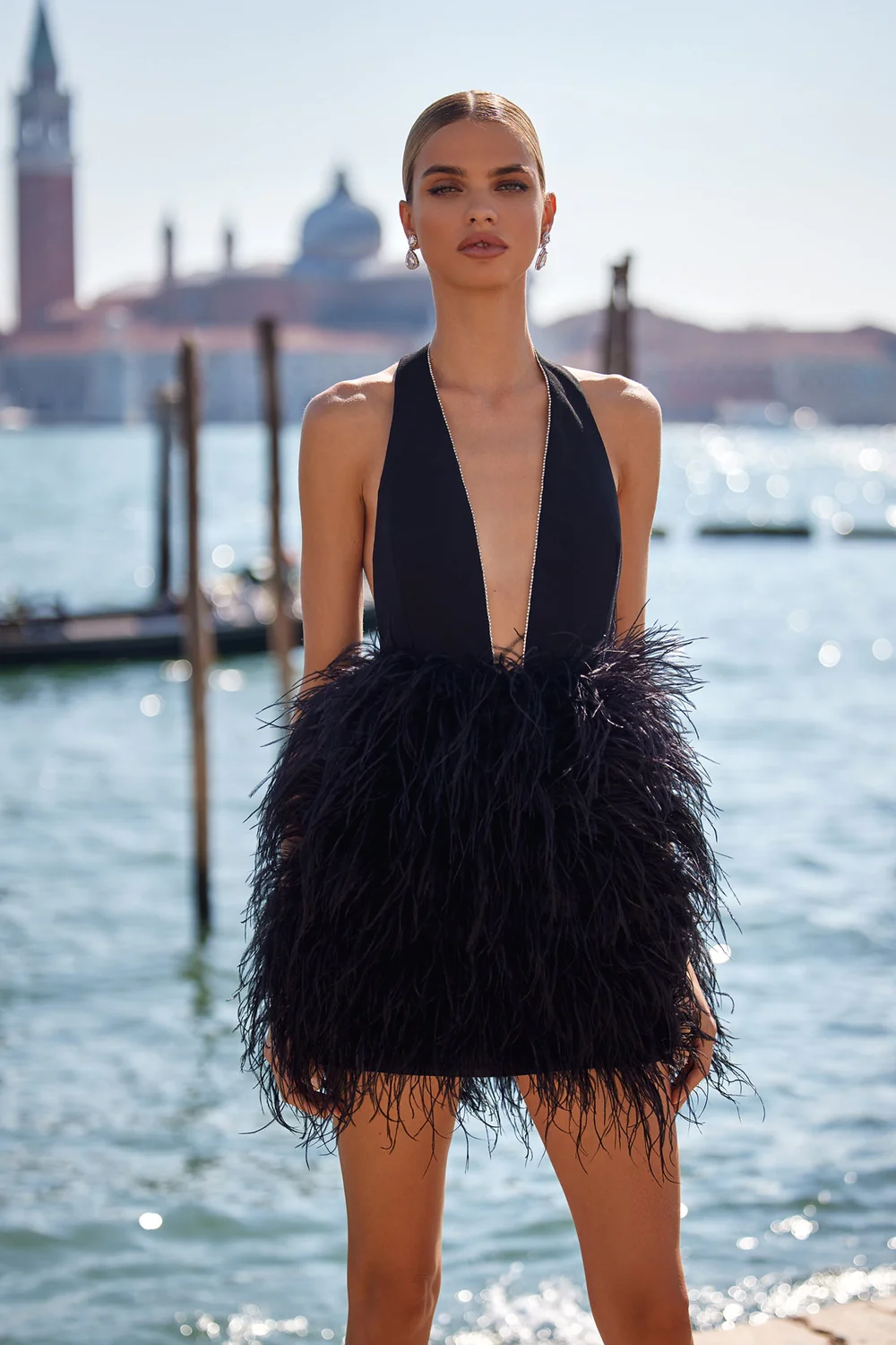 Midnight Plunge Halter Feather Mini Dress