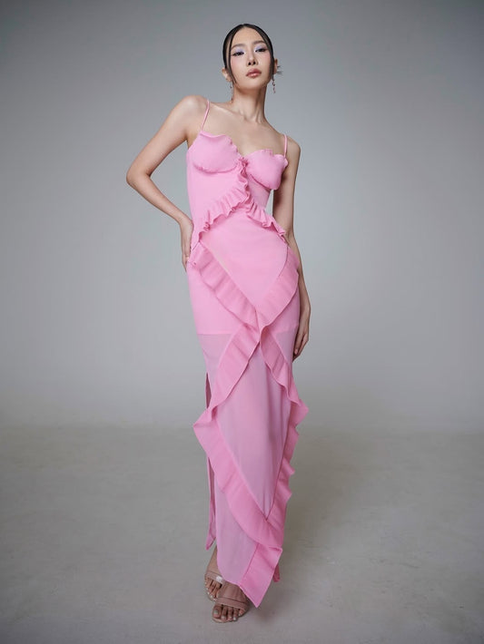 The Fluted Ruffle Column Gown with Corset Bodice