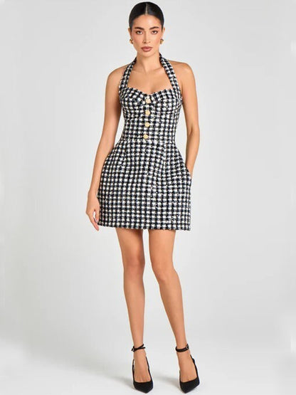 Black and White Houndstooth Tweed Halter Mini Dress