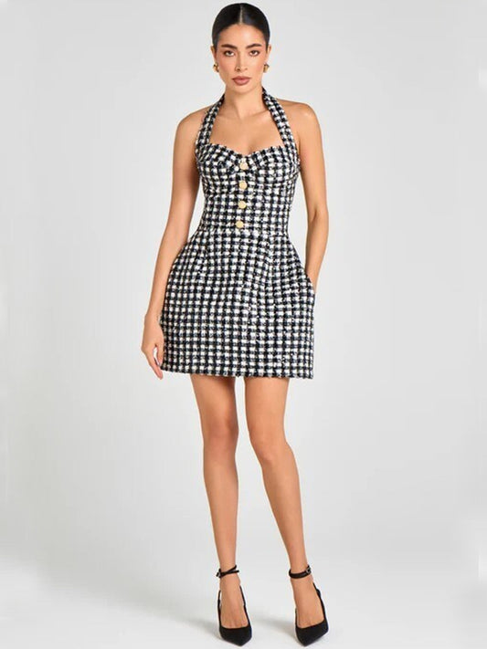 Black and White Houndstooth Tweed Halter Mini Dress