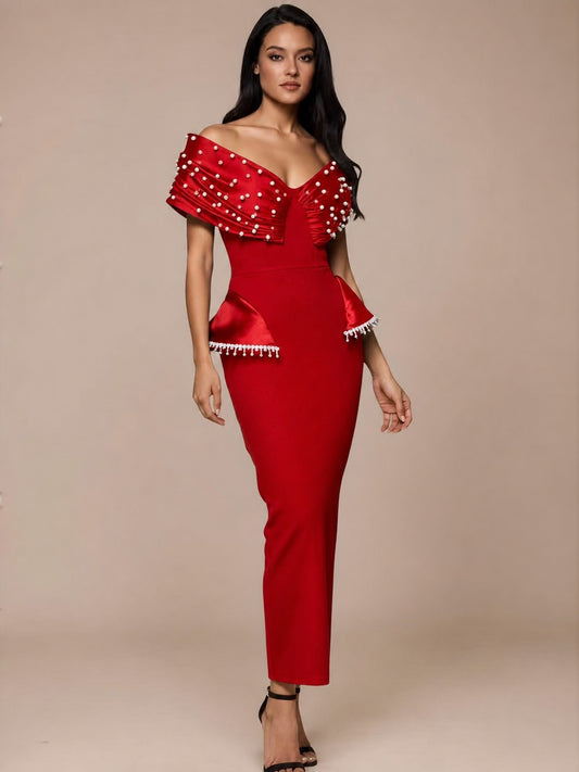 Crimson Red Pearl-Embellished Off-the-Shoulder Dress