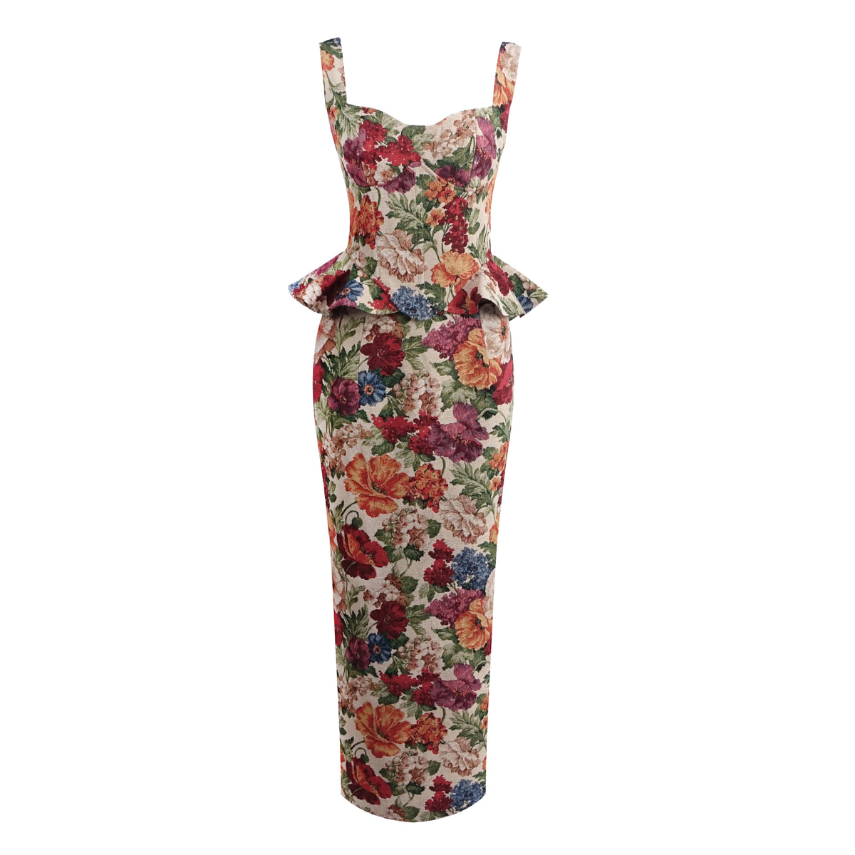 Romantic Floral Brocade Peplum Column Dress
