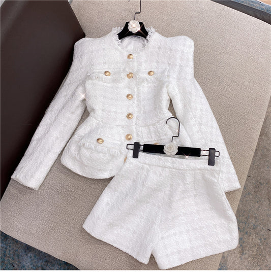 Parisian Ivory Tweed Two-Piece Blazer and High-Waisted Short Set