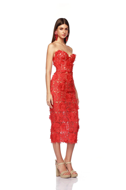 Strapless Red 3D Floral Lace Bustier Midi Dress
