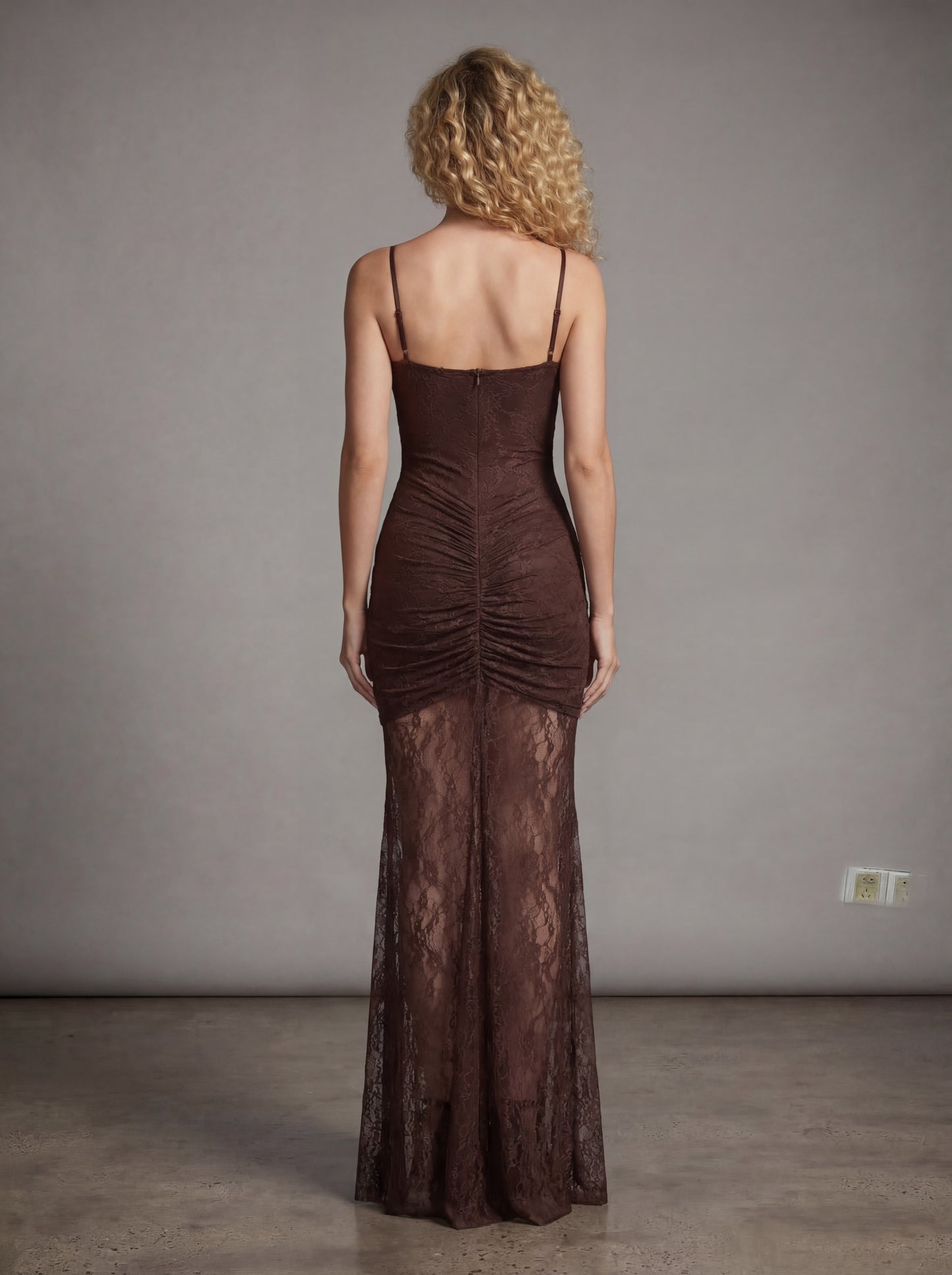 Alluring Chocolate Brown Lace Cut-Out Maxi Dress