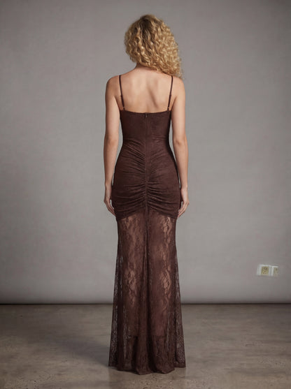 Alluring Chocolate Brown Lace Cut-Out Maxi Dress