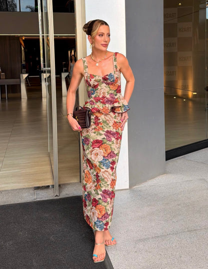 Romantic Floral Brocade Peplum Column Dress