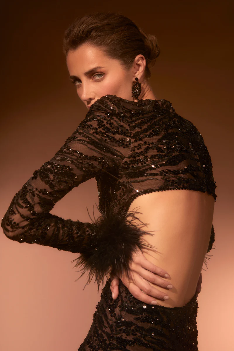 Black Sequin Cutout Jumpsuit with Feather Cuffs