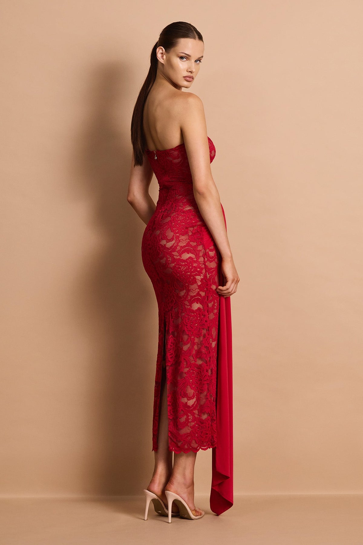 Strapless Illusion Lace Midi Dress with Draped Sash - White