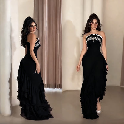 Sophisticated Strapless Evening Gown with Embellished Bodice and Cascading Ruffles