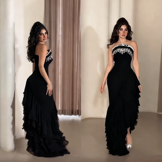 Sophisticated Strapless Evening Gown with Embellished Bodice and Cascading Ruffles