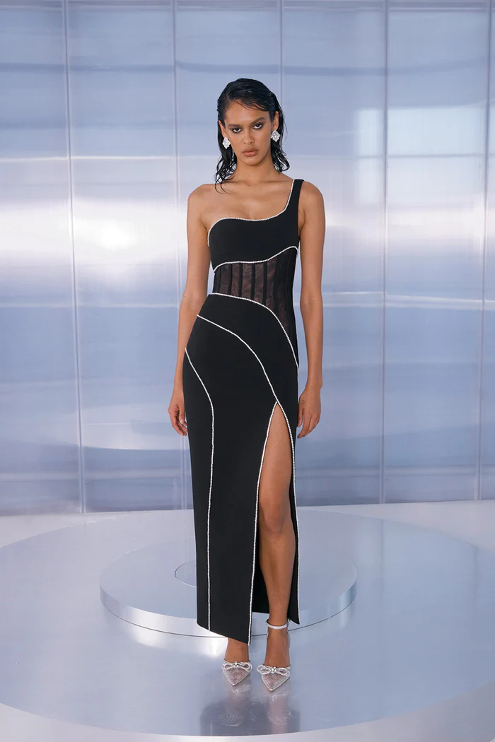 Elegant One-Shoulder Crystal-Trimmed Maxi Dress