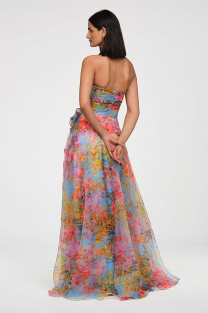 Draped Watercolor Floral Strapless Gown - Vibrant Bloom