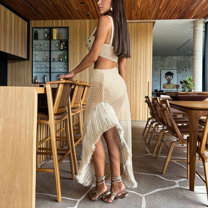 Chic beige crochet co-ord set with a fringed mesh skirt and embellished