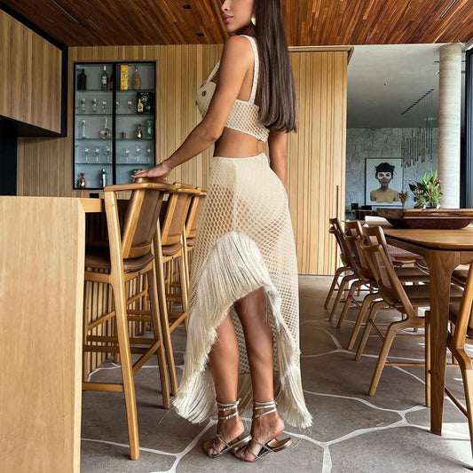 Chic beige crochet co-ord set with a fringed mesh skirt and embellished