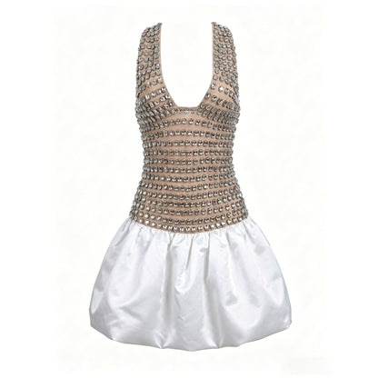 Aurora Crystal-Embellished Halter Mini Dress with Flared Skirt