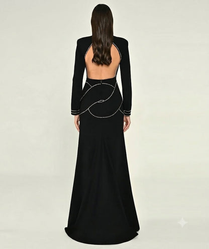 High Neck Keyhole Black Evening Gown with Crystal Embellished Trim