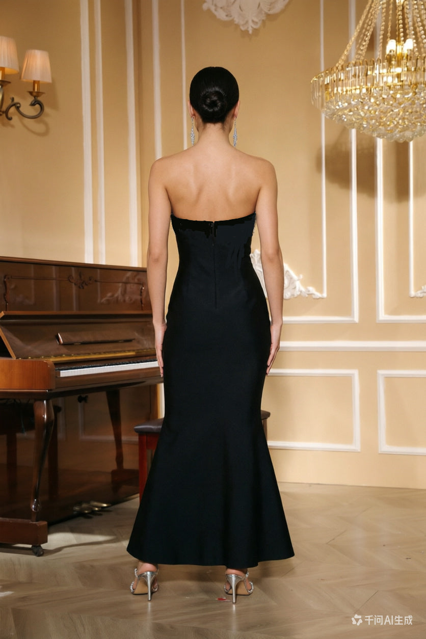 Strapless Sweetheart Crystal Embellished Black Evening Gown