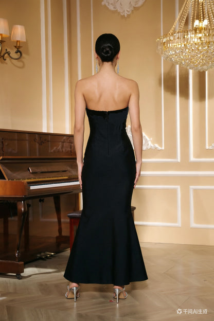 Strapless Sweetheart Crystal Embellished Black Evening Gown