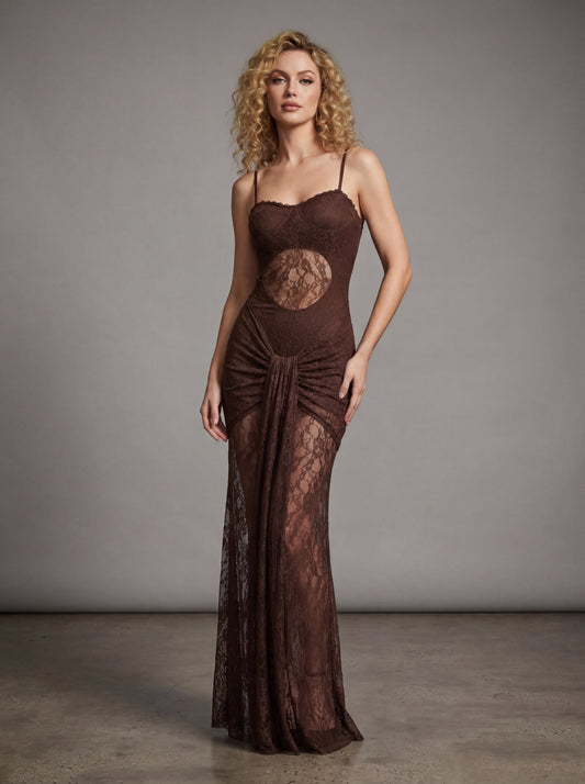 Alluring Chocolate Brown Lace Cut-Out Maxi Dress