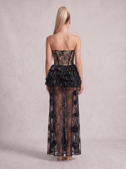 Dark Romance Sheer Lace Gown with 3D Rosettes
