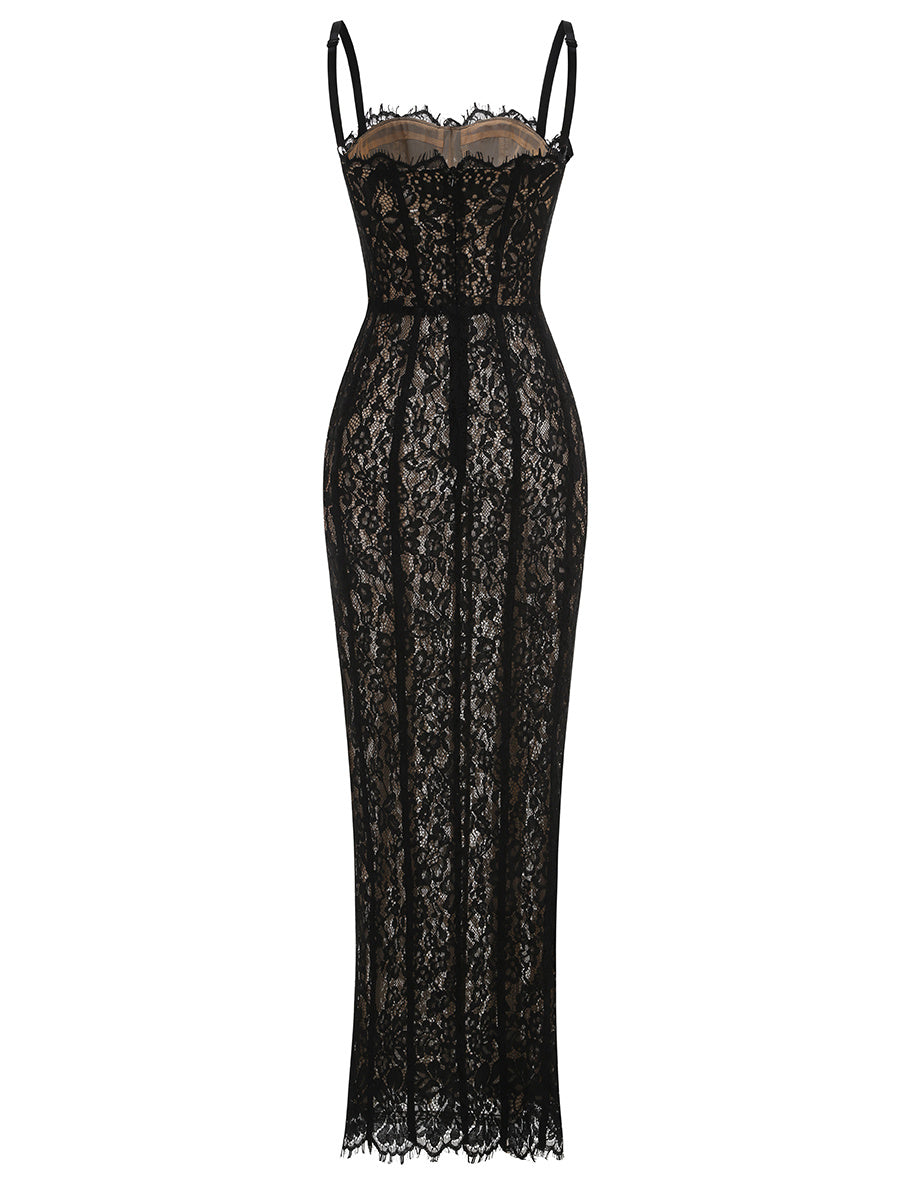 Black Sheer Floral Lace Corset Maxi Dress