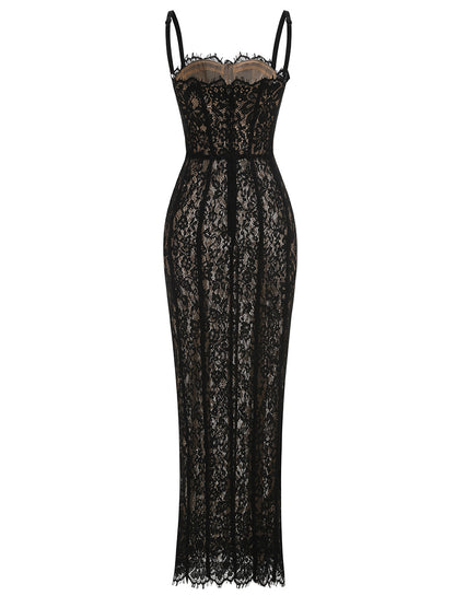 Black Sheer Floral Lace Corset Maxi Dress