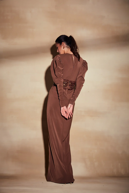 Chocolate Brown Embellished Corset-Waist Slit Gown