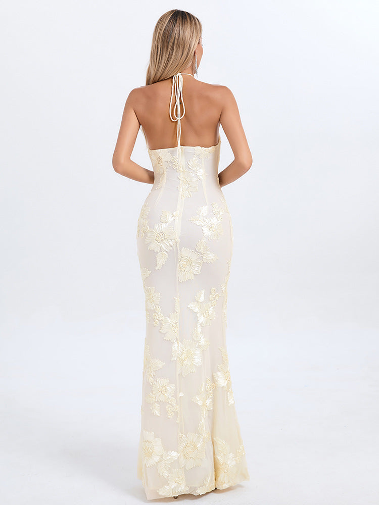 Elara Champagne Floral Lace Gown with 3D Rosette Halter