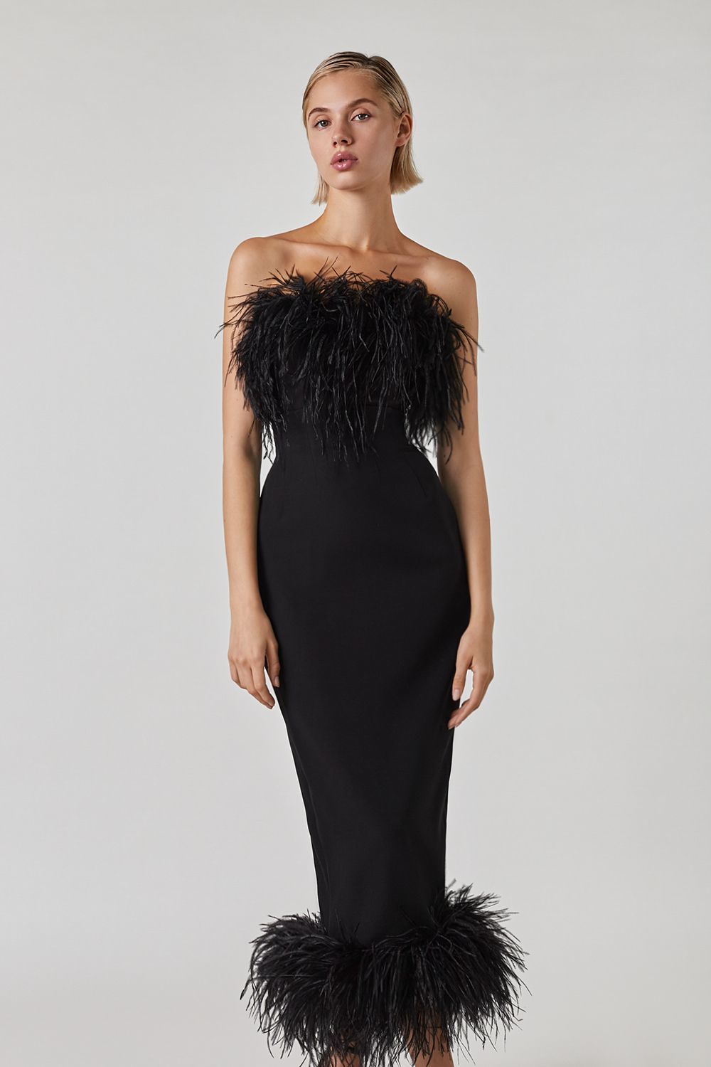 Black Strapless Feather-Trimmed Midi Dress