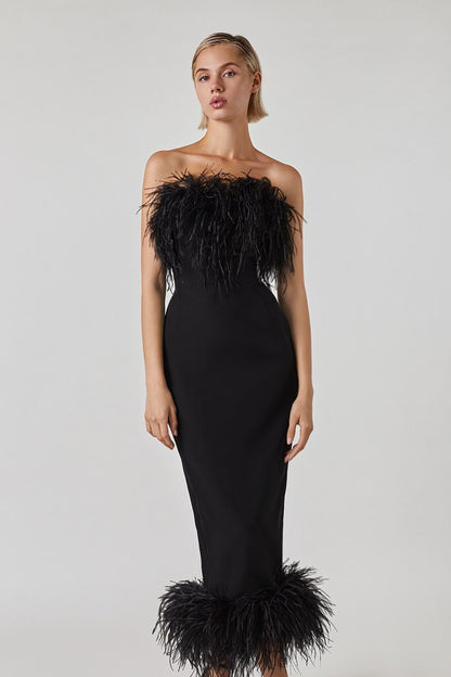 Black Strapless Feather-Trimmed Midi Dress