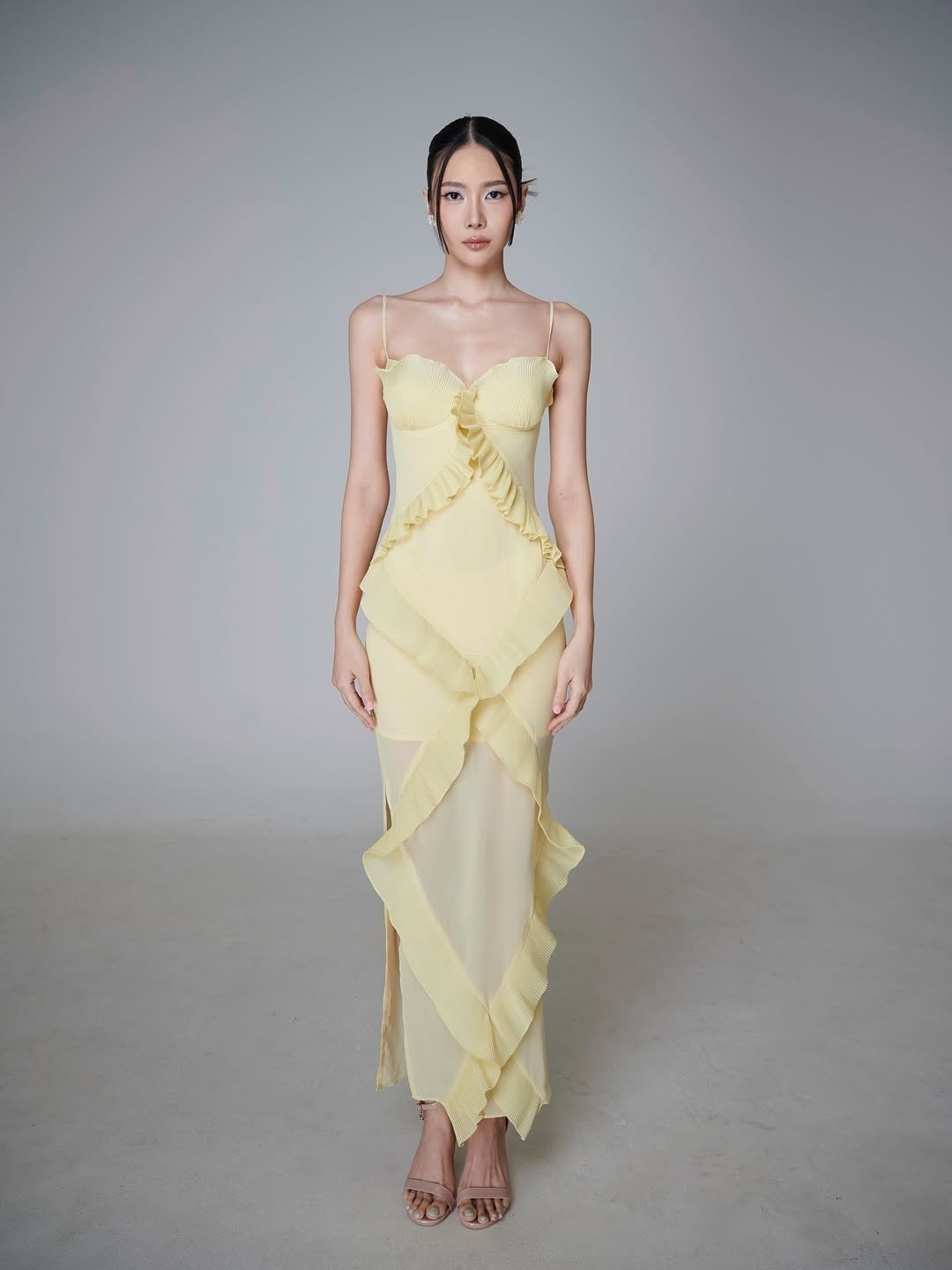 The Fluted Ruffle Column Gown with Corset Bodice