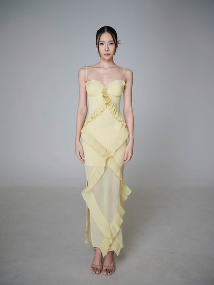 The Fluted Ruffle Column Gown with Corset Bodice
