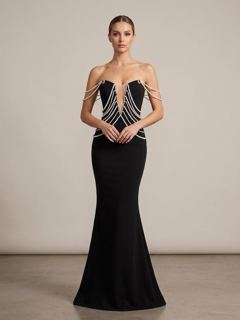 Elegant Black Strapless Evening Gown with Pearl Embellishments