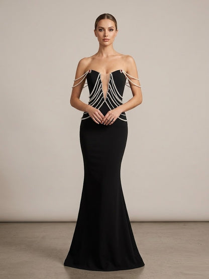Elegant Black Strapless Evening Gown with Pearl Embellishments