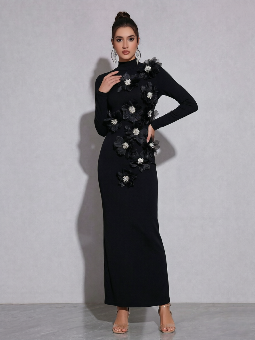 High Neck Long Sleeve Black Gown with 3D Floral Applique