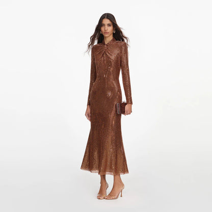 High-Neck Metallic Sequin Fluted Dress - Burnished Bronze