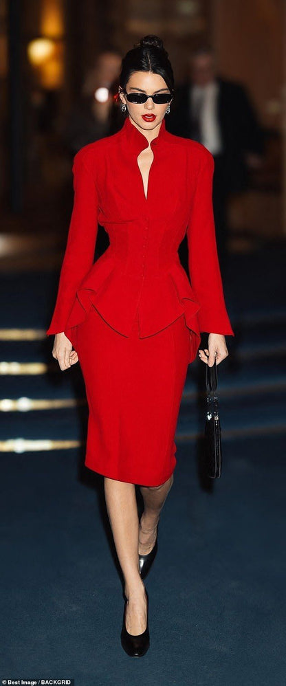Crimson Red Peplum Jacket and Pencil Skirt Ensemble