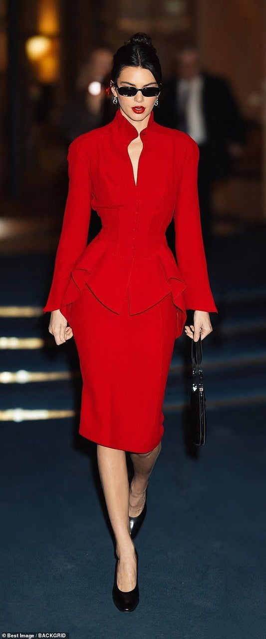 Crimson Red Peplum Jacket and Pencil Skirt Ensemble