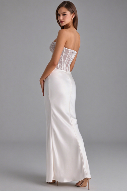 Strapless Lace Corset and Draped Satin Gown - Pearl White