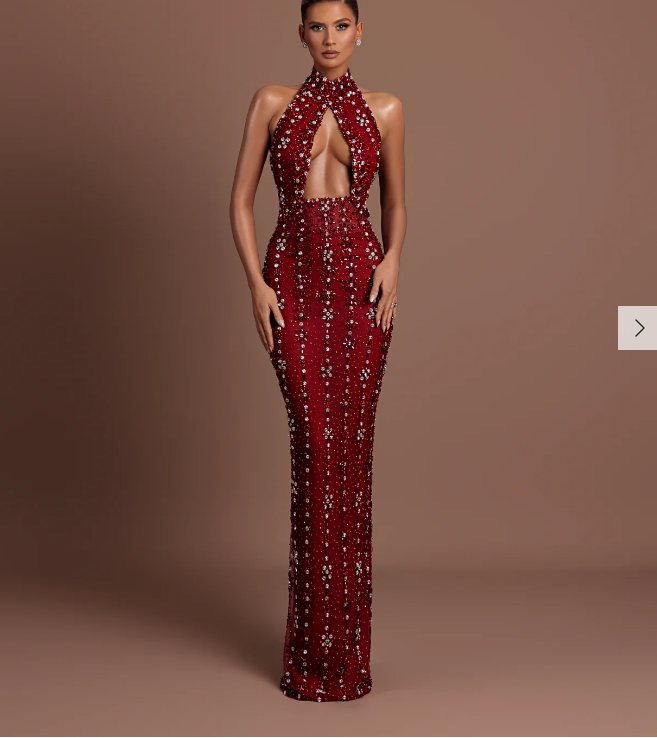 Crystal Embellished Halter Cutout Gown - Crimson Red