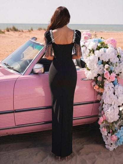 Crystal-Embellished Fringe Sleeve Gown - Black