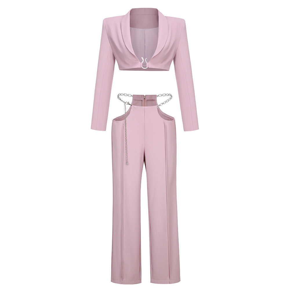 Cropped Blazer & Cutout Chain Trouser Set - Dusty Pink