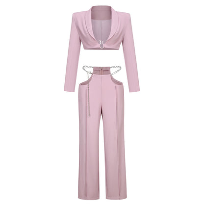 Cropped Blazer & Cutout Chain Trouser Set - Dusty Pink